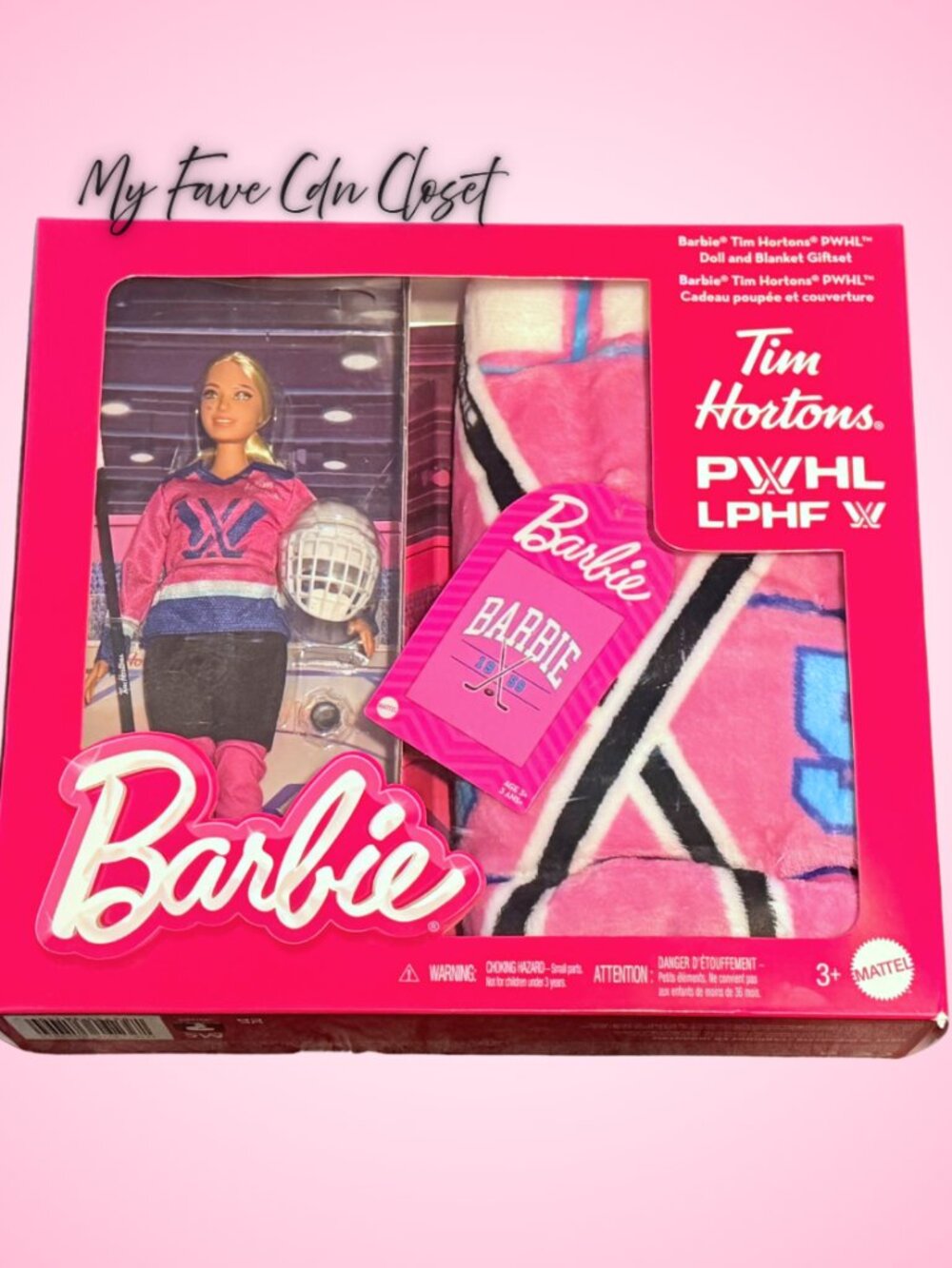 NEW** PWHL PINK Barbie Tim Hortons Doll & Fleece Blanket Set
